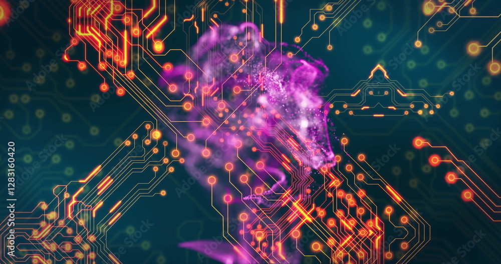 Poster circuit board and neural network image over colorful abstract background