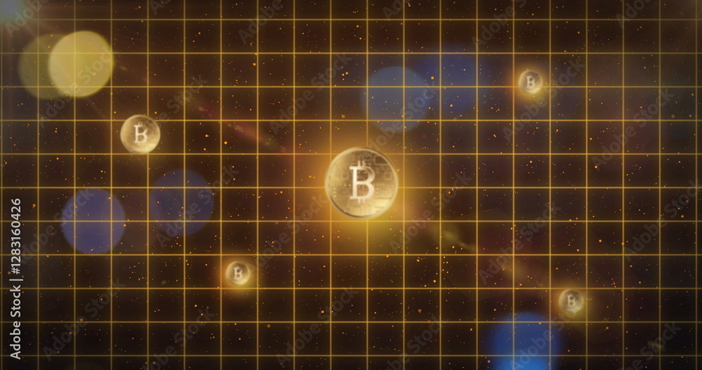Poster bitcoin symbols and grid image over starry space background