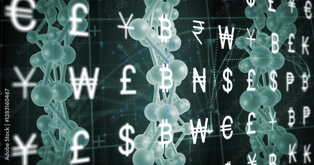 Poster image of data processing and dna strands over currency symbols