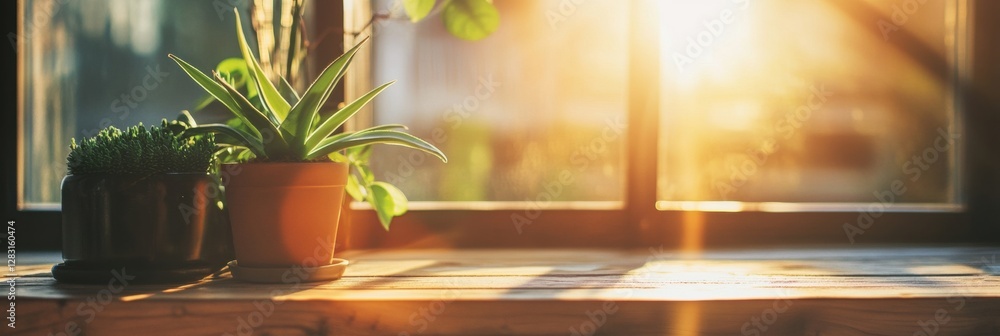 Aufkleber sunlight streams through a window illuminating potted plants on a wooden table in a cozy indoor sett