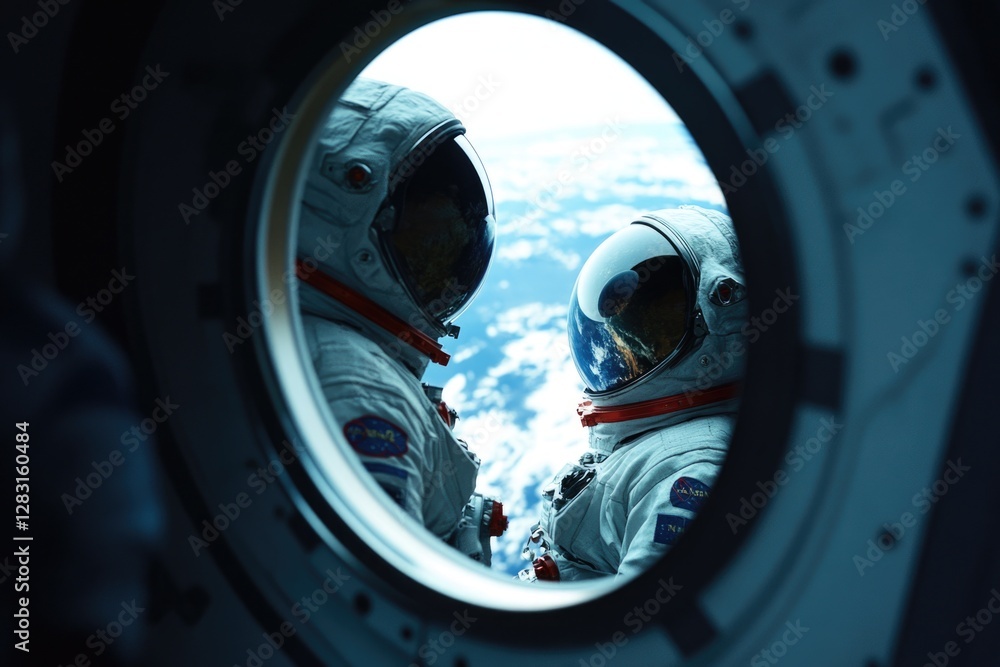 Poster two astronauts in spacesuits gazing at the planet from a spacecraft window