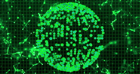 Obraz premium Green digital globe with binary code image over network connections on grid background