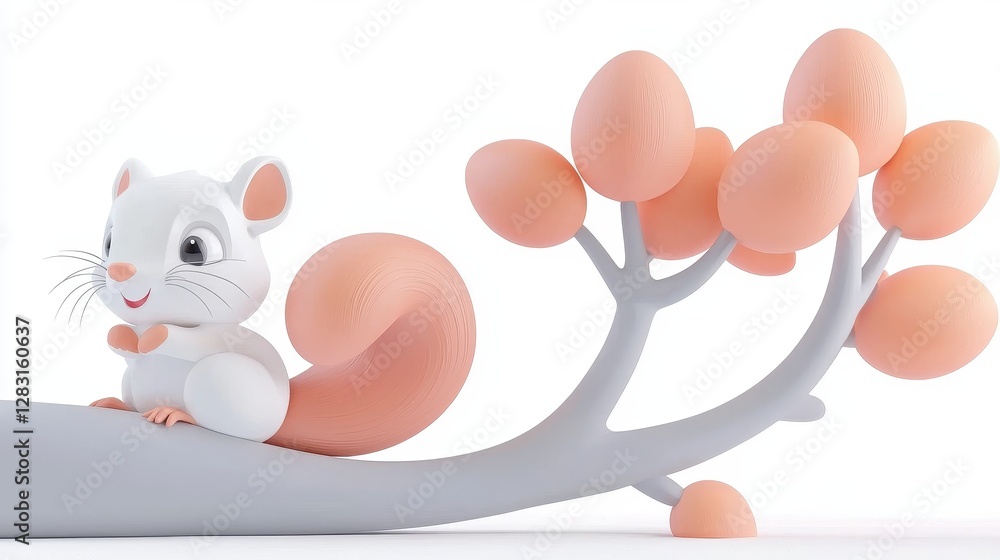 Poster playful animated squirrel with fluffy fur sitting on a stylized tree branch surrounded by soft-color