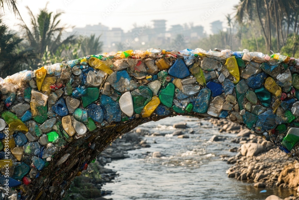 Poster a unique eco-friendly bridge constructed from recycled plastic bottles suspended above a serene rive