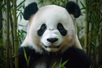 Naklejka premium A close-up shot of a panda bear sitting in a bamboo forest, surrounded by tall stalks and lush greenery