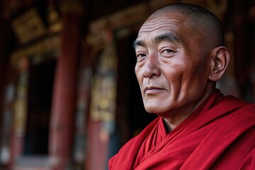 Fototapeta premium A person wearing a bright red robe stands in front of a building, possibly for ceremonial or official purposes