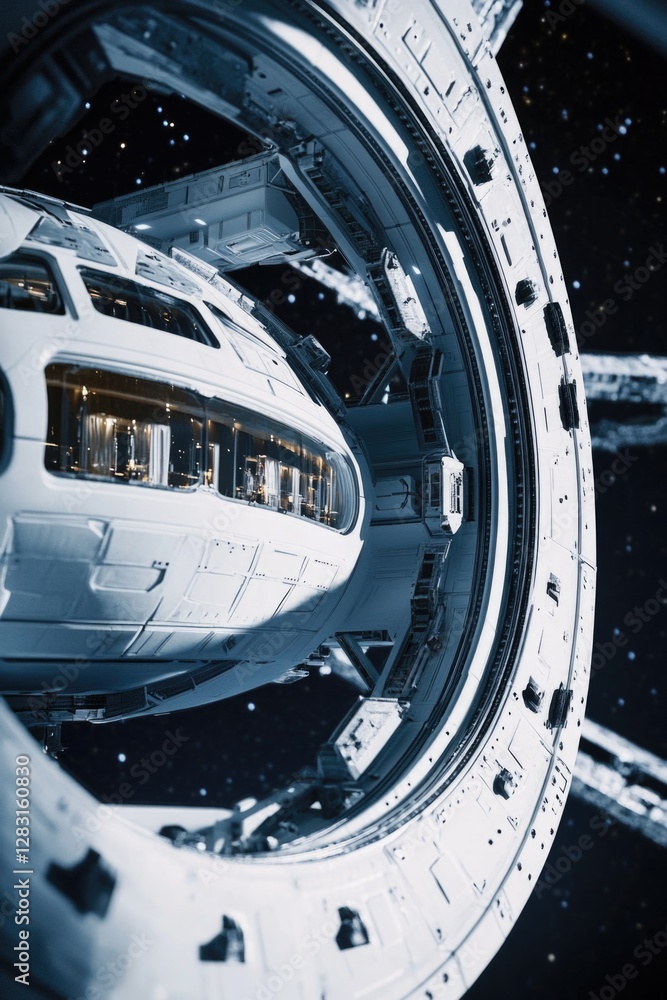 Poster a space station floating in the vastness of a galaxy, perfect for sci-fi and futuristic themes
