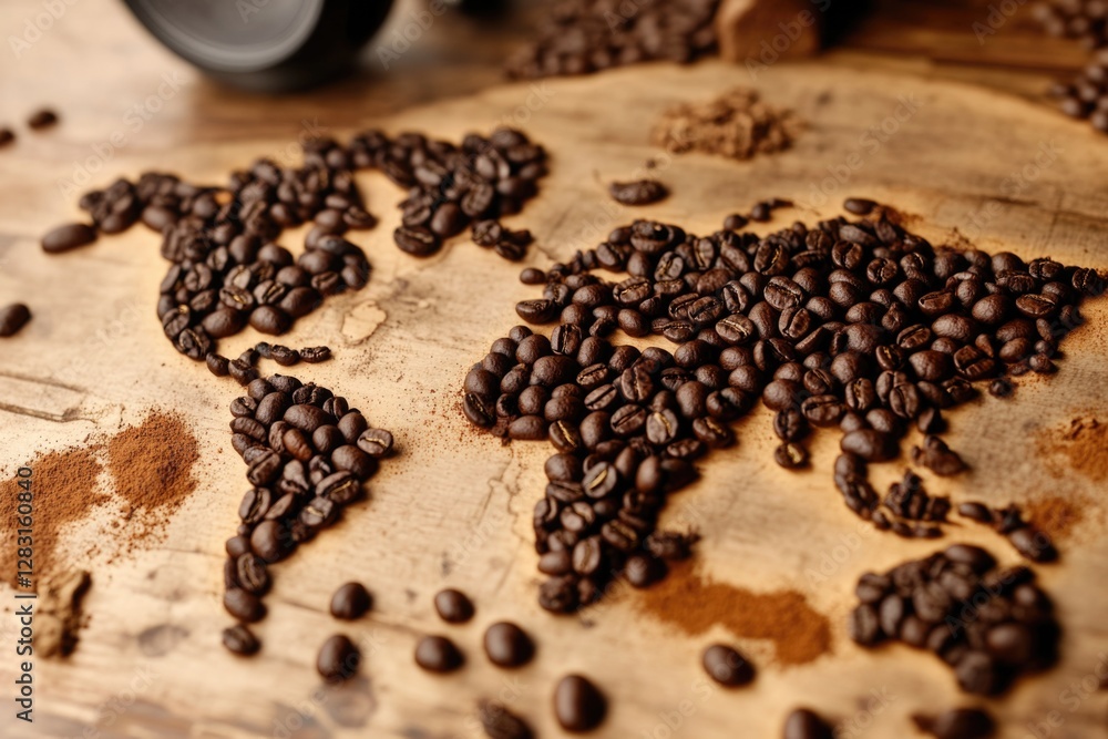 Poster a unique and creative representation of a world map made from coffee beans, perfect for using as a d