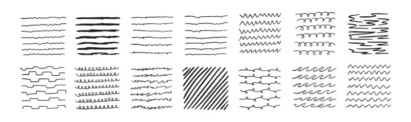 Lines by pen Hand drawn black Doodle strokes, underlines by pencil. Brush scribbles, frames, borders, design elements.