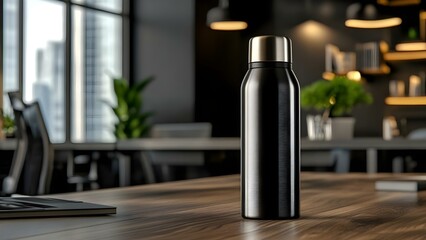 A sleek black thermos bottle with a gold cap, placed on a wooden table in a modern office setting with plants and shelves. Concept Elegant Thermos Design, Modern Office Decor, Natural Elements