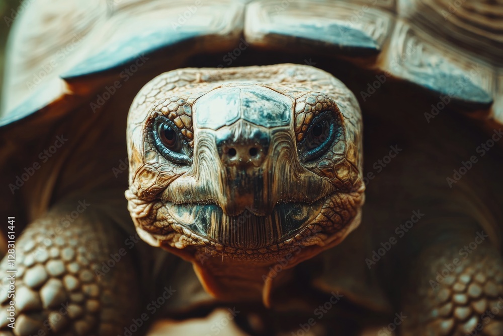 Poster a close-up shot of a tortoise's face, showing its distinctive features