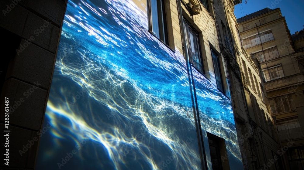 Poster a building with a unique feature - a projection of water on its side, perfect for use in illustratio