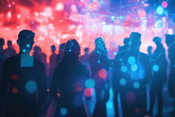 A group of people posing together against a vibrant backdrop