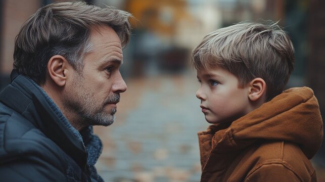 strict parenting moment with father guiding son through a discipline lesson at home while discussing behavior and respect in a serious conversation about upbringing and rules