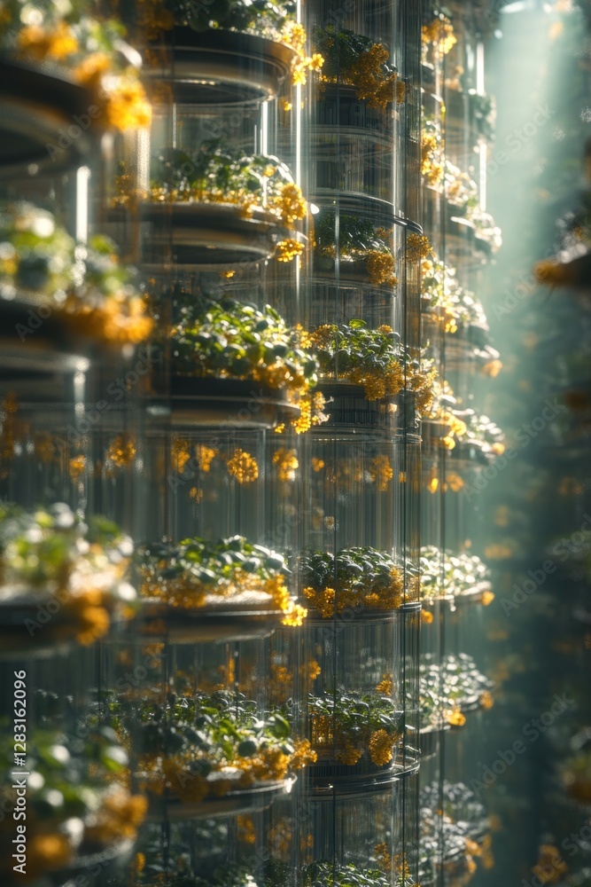 Poster a modern building covered in various types of plants and greenery