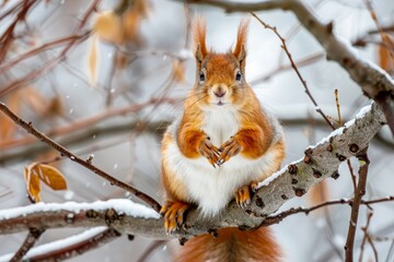 Fototapeta premium The squirrel sits on a branches without leaves in the winter or autumn. Eurasian red squirrel, Sciurus vulgaris