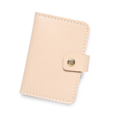 Beige credit card holder on white background, closeup