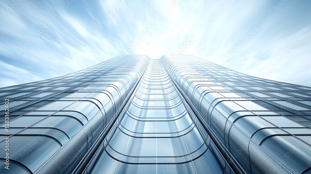 Poster a futuristic skyscraper that continuously morphs its shape based on the wind and environment, flowin