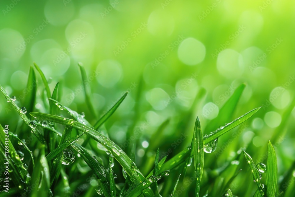 Poster close-up shot of grass blades covered in water droplets, ideal for use as a background or texture el