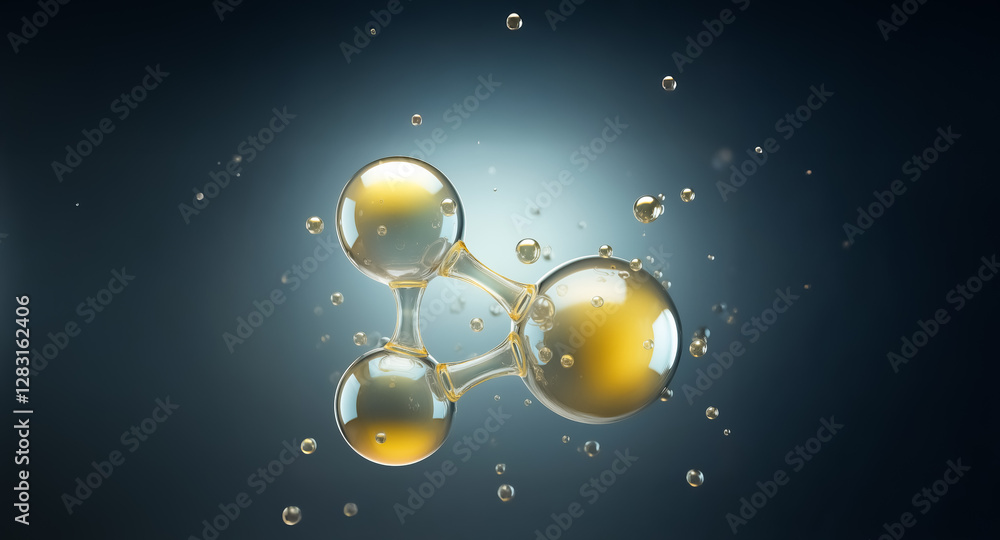 Poster golden liquid in transparent spheres, connected like a molecule. bubbles float around the abstract s