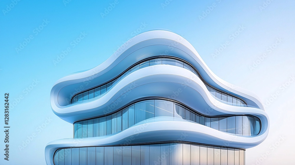 Poster a futuristic skyscraper that continuously morphs its shape based on the wind and environment, flowin