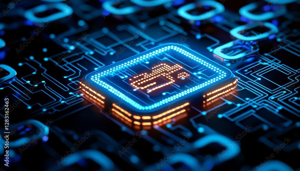Poster close-up of a vibrant microchip on a dark circuit board, showcasing intricate details.