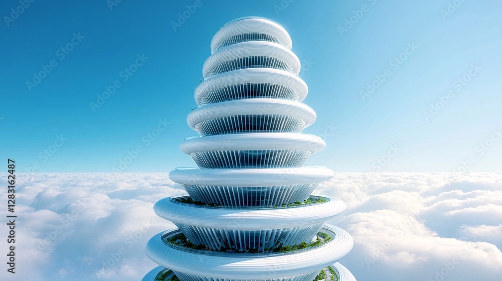 Aufkleber a futuristic skyscraper that continuously morphs its shape based on the wind and environment, flowin