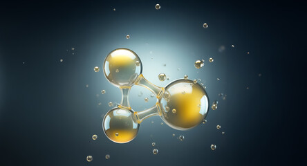 Golden liquid in transparent spheres, connected like a molecule. Bubbles float around the abstract structure against a dark blue gradient backdrop, suggestive of scientific or futuristic themes.