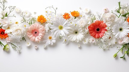 Obraz premium Floral Arrangement on White Background, Flat Lay, Spring Flowers, Decorative