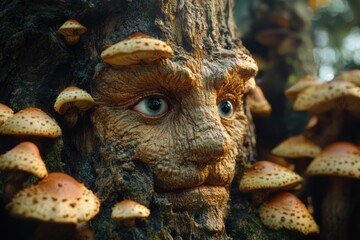 Obraz premium Close-up shot of a tree trunk with various types of mushrooms growing out of it