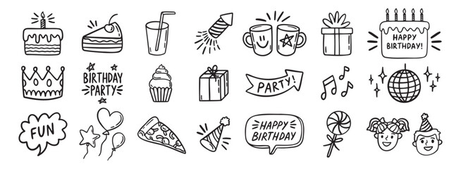 Set of Happy Birthday for kids doodles. Sketch of party decoration, gift box, cake, party hats. Birthday doodle hand drawn icon set.