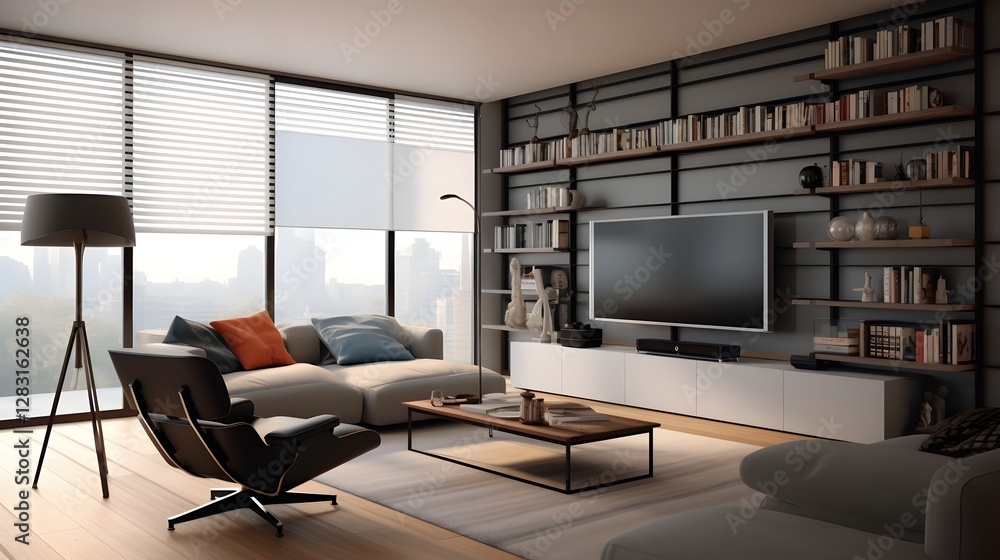 Aufkleber interior of a modern smart home with automated window blinds that adjust their position based on the
