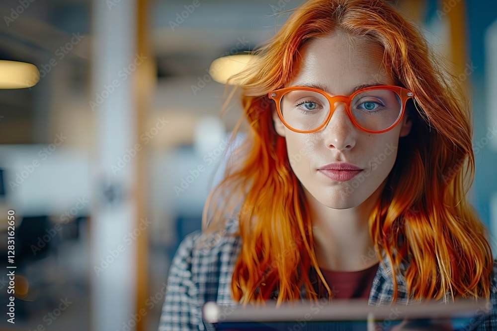 Poster empowered female programmer showcasing expertise in tech with tablet in office setting