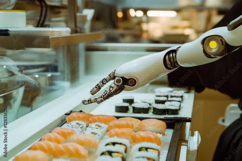 Poster a robot holds a tray of sushi in its mechanical hand