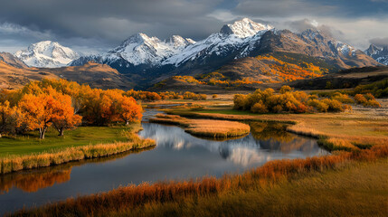 Fototapeta premium Winding river flows through a valley with vibrant autumn trees and snow-capped mountains under a dramatic sky.
