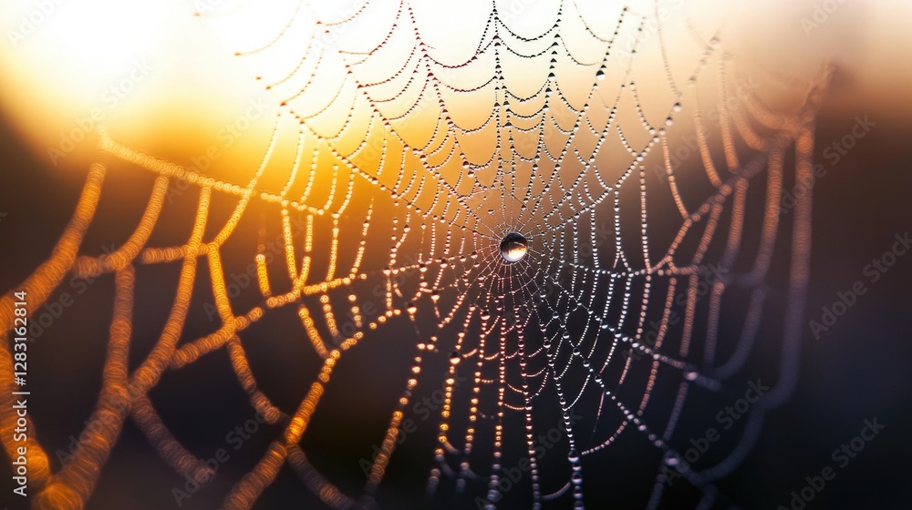 Poster a close-up shot of a spider web covered in tiny water droplets, highlighting the intricate details a