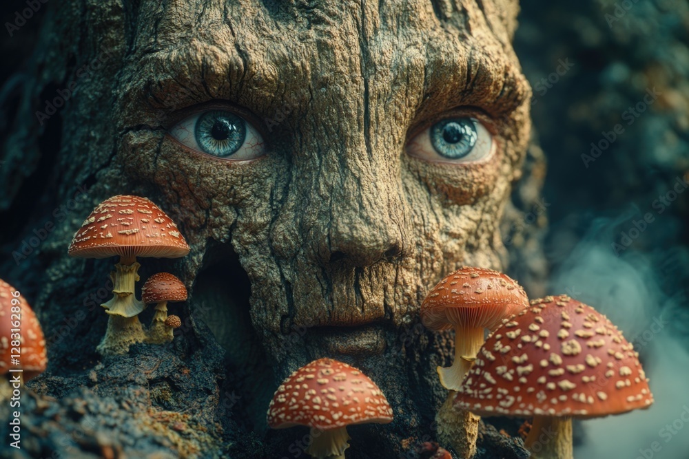 Poster close-up of a tree trunk featuring mushrooms growing out of it