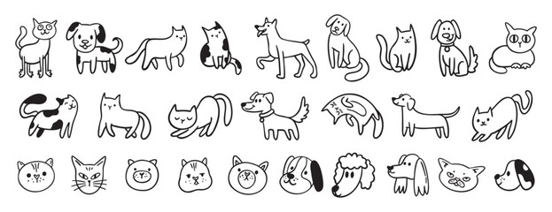 cute dogs and cats doodle hand drawn icon set. Sitting, standing. Outline drawing cats and dogs faces line clipart symbol collection