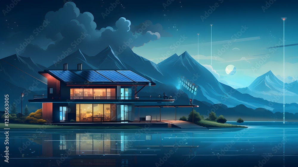 Poster innovative self sustaining smart home featuring ai powered weather forecasting technology for intell