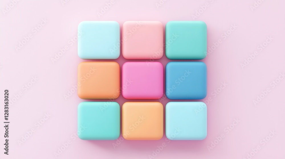 Poster colorful sticky notes arranged neatly in a grid pattern on a soft pink background for office use and