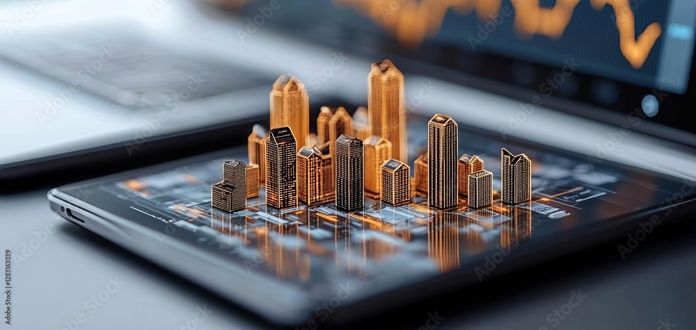 Poster a digital tablet displaying a 3d urban model with financial data overlay.