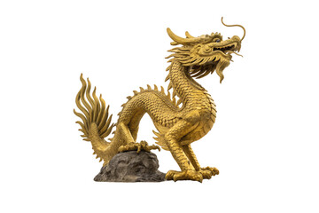 A golden dragon statue crouched on a rock base, detailed scales and flowing mane emphasizing its mythical power and elegance, isolated on a transparent background