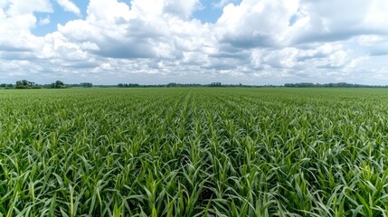 Lush green cornfield under a cloudy sky