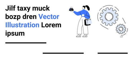 Woman holding bag and an object, large mechanical gears, and placeholder text. Ideal for technology, business, innovation, teamwork, mechanics, education flat landing page banner