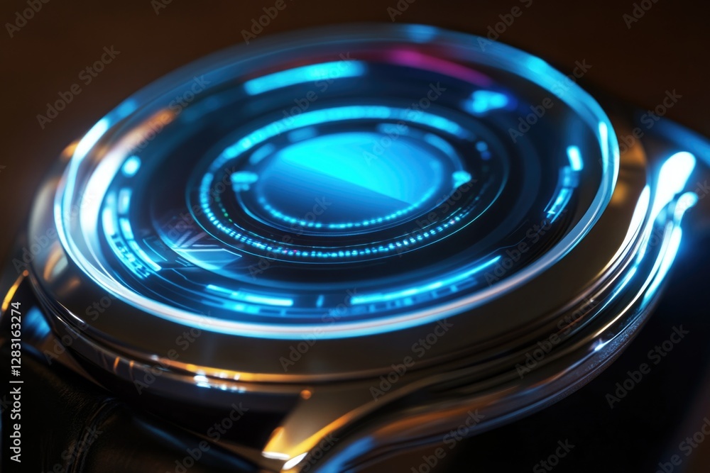 Poster a close-up shot of a watch with a blue light, suitable for use in technology and gadget-related cont