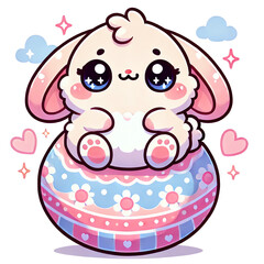 Naklejka premium Cute cartoon bunny sitting on an Easter egg.