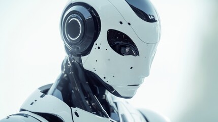Fototapeta premium A close-up shot of a robot wearing a helmet, highlighting the details of its design and technology