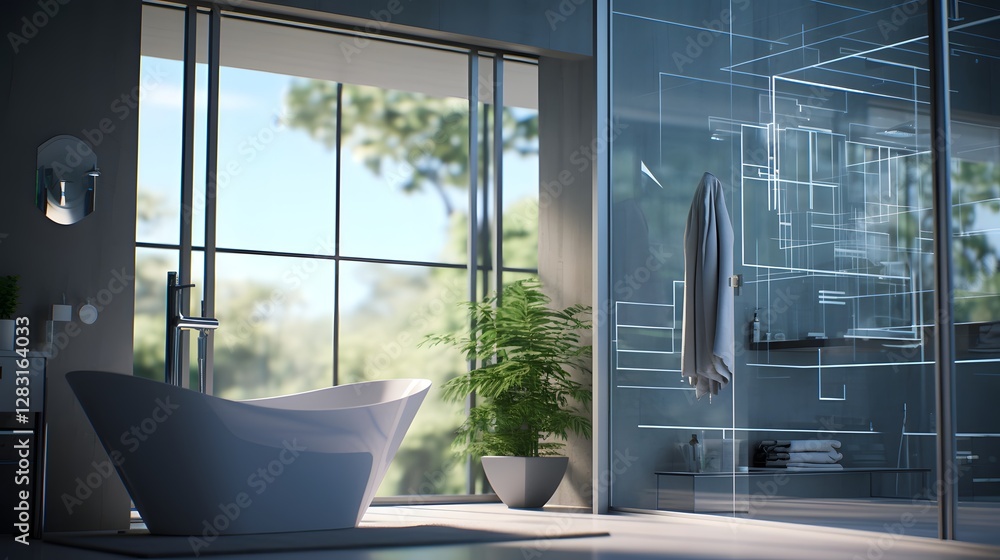 Poster a sleek high tech smart mirror showcasing a digital interface that displays health statistics person