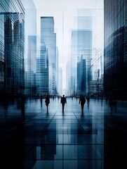 Obraz premium a futuristic city street where pedestrians and buildings continuously morph into abstract geometric shapes, mesmerizing movement, cyber-surrealism, ultra-sharp details