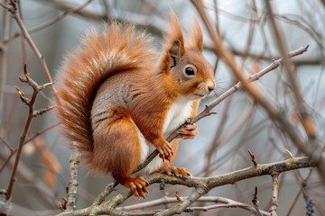 The squirrel sits on a branches without leaves in the winter or autumn. Eurasian red squirrel, Sciurus vulgaris